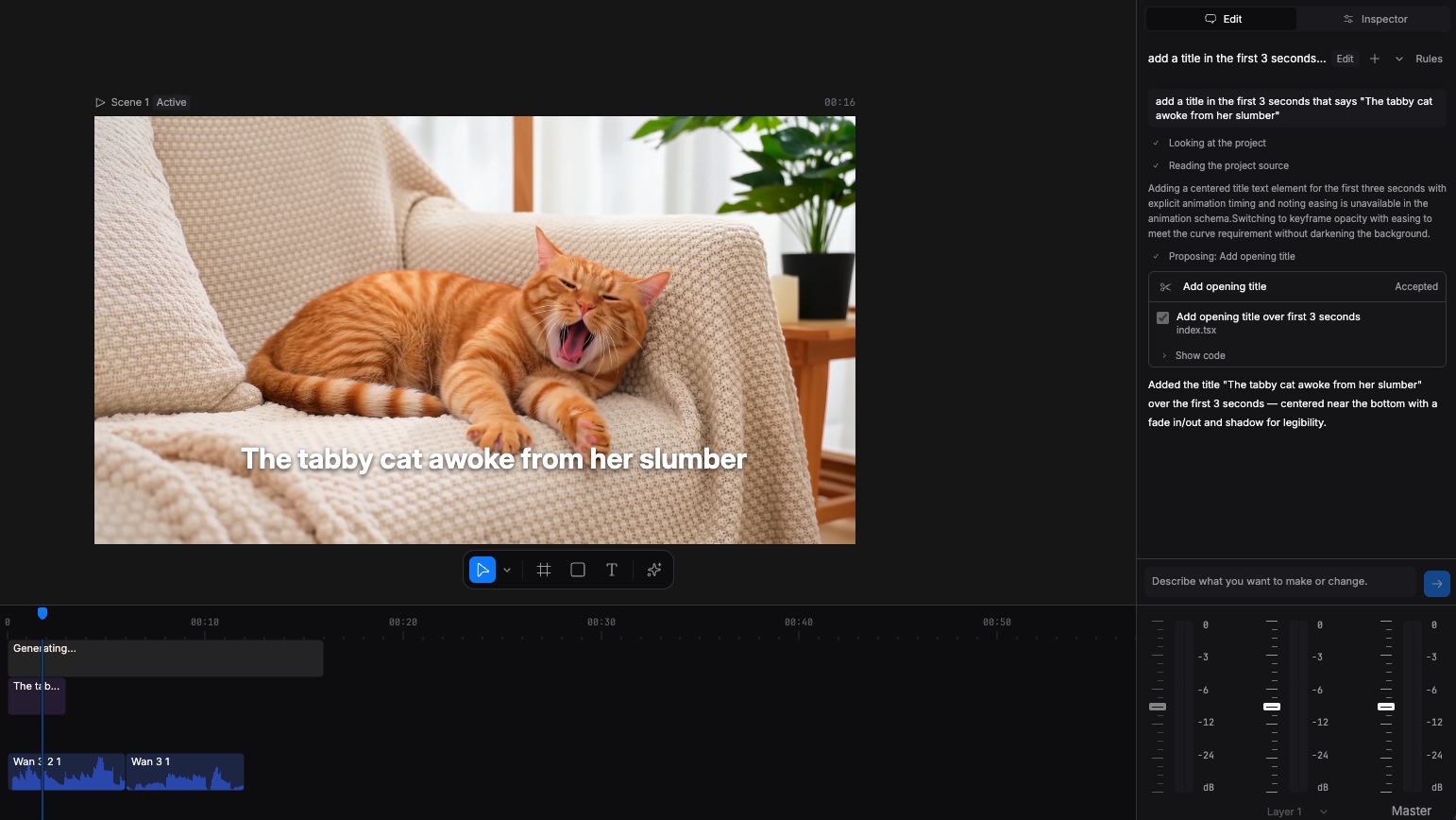 CinemaFlow Desktop applying a typed edit and displaying the finished title on a clip