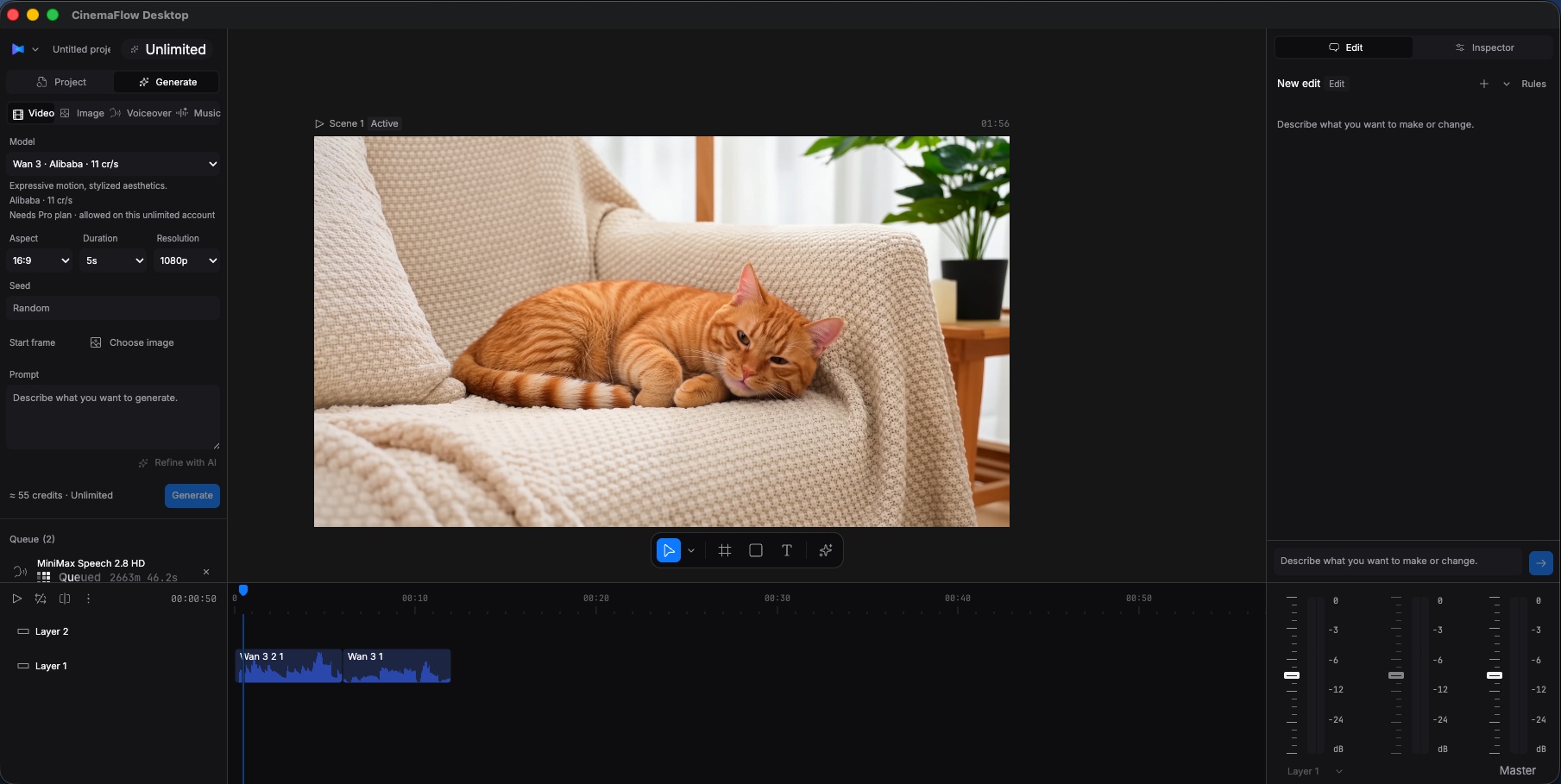 CinemaFlow Desktop with AI generation controls, a video preview, timeline, and edit panel