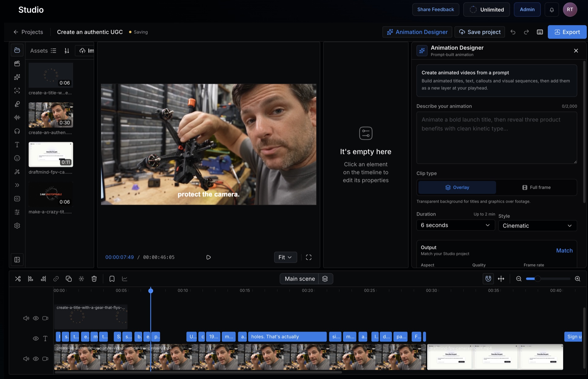 CinemaFlow Studio showing its multitrack editor, captions, media library, and AI Animation Designer